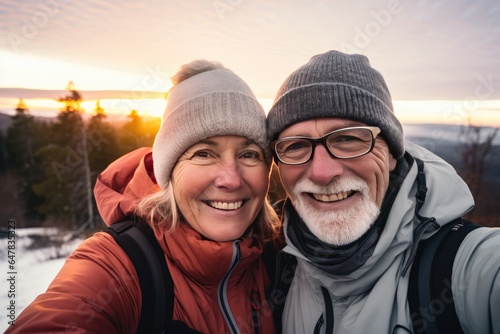 Senior couple hiking. Smiling and happy senior man and woman taking a selfie on their trip.