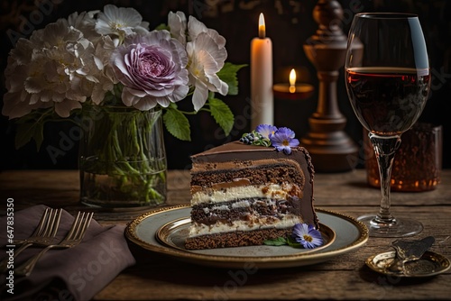 Piece of chocolate cake and a glass of red wine on a wooden table