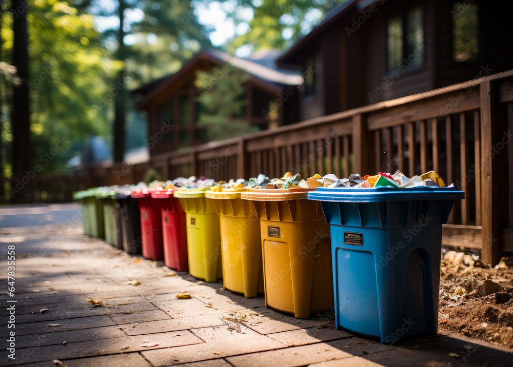 A row of trash cans on the side of a road A row of trash cans on the side of a road
