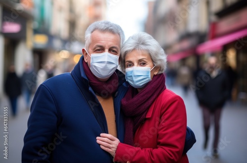 elderly couple embracing masks.