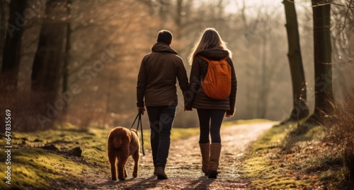 Fototapeta Naklejka Na Ścianę i Meble -  a couple and dog walking in the forest