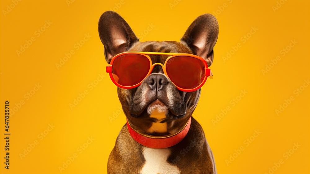  Funny dog in sunglasses on the yellow background