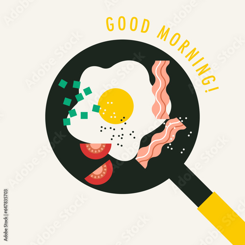 Fried eggs in a frying pan with tomatoes and bacon. Breakfast food in an iron skillet isolated on white background vector illustration. Breakfast and home cooking concept. Flat trendy abstract style.