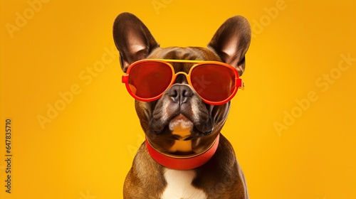  Funny dog in sunglasses on the yellow background © Oleksii Halutva