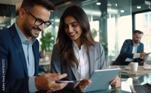 business couple smiling while holding digital tablet.