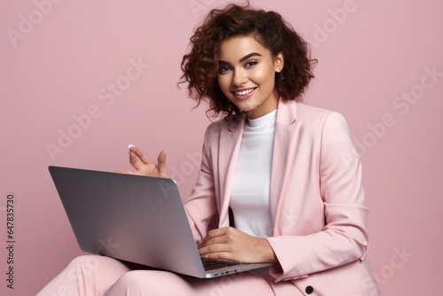 smiling female woman using laptop at studio against pink.