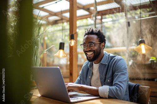 a man in shirt and jeans on his laptop talking on a phone.