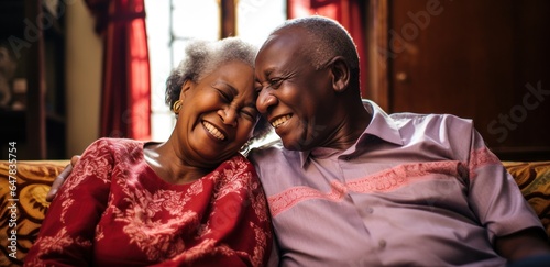 an older couple hugs on the couch having. © olegganko