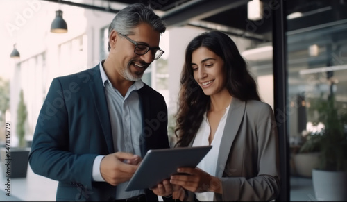 business couple smiling while holding digital tablet.