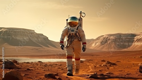Astronaut on foreign planet. Science fiction universe exploration.  Illustration for banner, poster, cover or presentation.