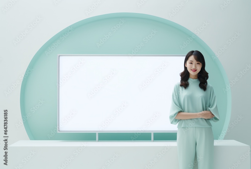 asian woman standing next to blank white sign banner. asian woman standing next to blank white sign banner.