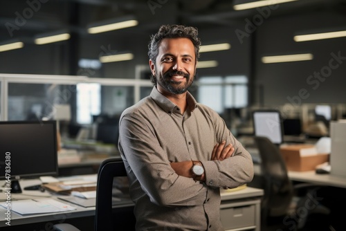an indian man smiles and is smiling in an office.
