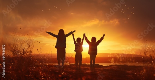 an orange sunset scene with young children waving in the.