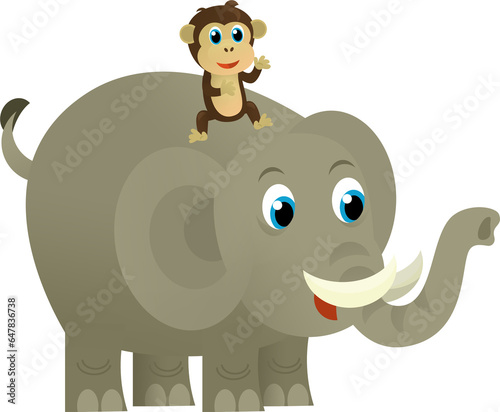 Cartoon wild animal happy young elephant with other animal friend on white background - illustration for the children