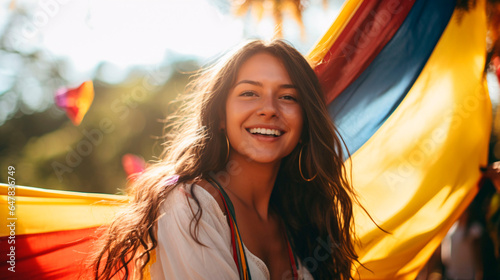 People Celebrating Colombian Pride and hold the Colombian flag high. Generative AI