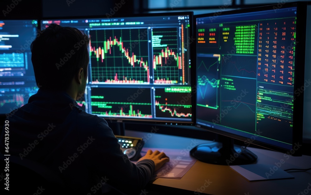 Crypto trader investor analyst broker using pc computer analyzing online cryptocurrency exchange stock market indexes charts. Generative AI Crypto trader investor analyst broker using pc computer analyzing online cryptocurrency exchange stock market indexes charts. Generative AI