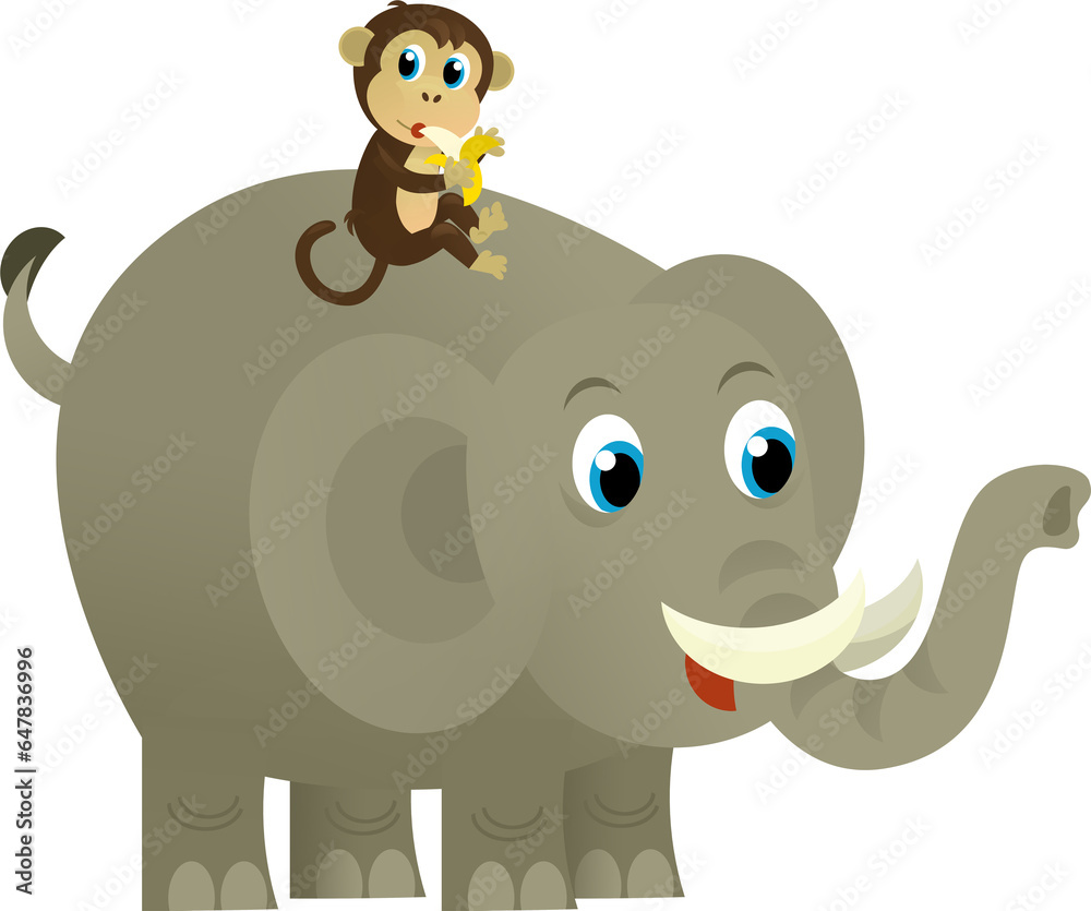 Obraz premium Cartoon wild animal happy young elephant with other animal friend on white background - illustration for the children
