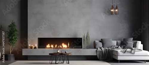 Modern living room with gray concrete walls features a fireplace and sofa