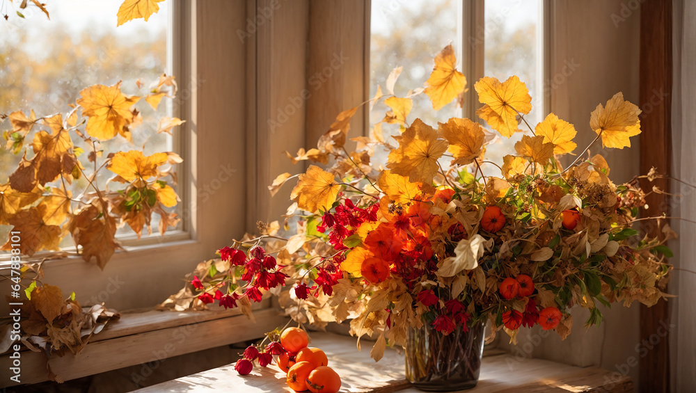 Fototapeta premium Beautiful bouquet with an antique vase on a table with autumn flowers against the background of a window