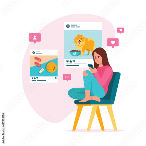 Vector illustration of a girl sitting on social networks. Cartoon scene with a girl sitting on a chair and looking at vacation photos and with her pet on social networks, commenting and liking.