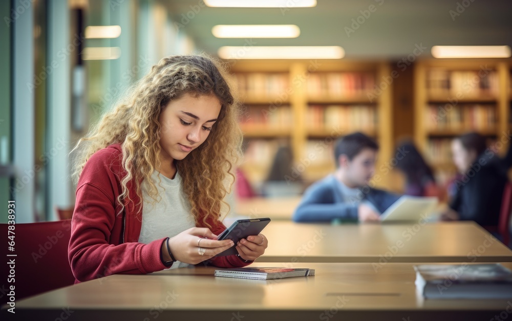 Teen girl student using mobile phone sitting at desk in university college campus classroom. Generative AI Teen girl student using mobile phone sitting at desk in university college campus classroom. Generative AI