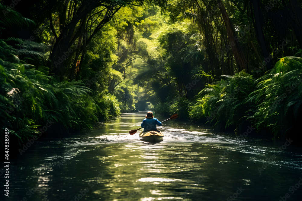 Photo of a man paddling a canoe down a picturesque river Photo of a man paddling a canoe down a picturesque river