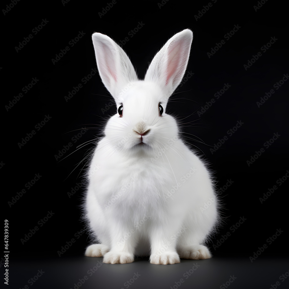 Photo of a white rabbit sitting on a black floor Photo of a white rabbit sitting on a black floor