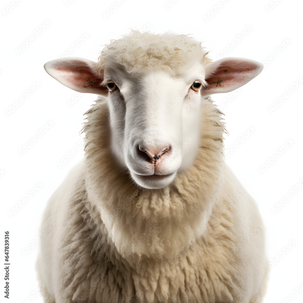 Photo of a close-up portrait of a sheep against a pure white background Photo of a close-up portrait of a sheep against a pure white background