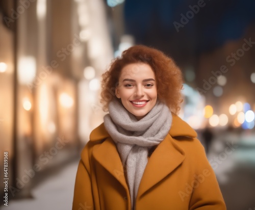 Portrait of happy woman on city street looking at camera, winter time