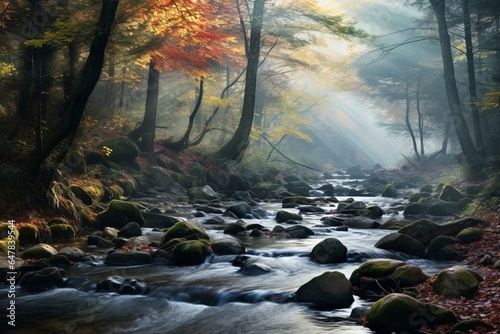 A foggy  forested scene featuring a winding brook and scattered autumn foliage. Generative AI