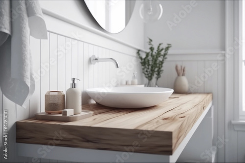 Sustainable Modern Bathroom with Wooden Countertop. Generative Ai.
