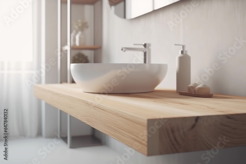 Scandinavian style bathroom with ceramic washbasin on wooden countertop. Generative Ai.
