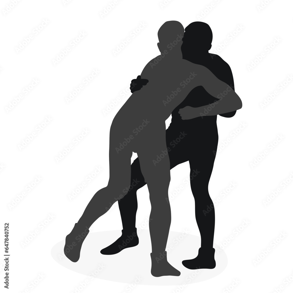 Silhouettes people fighting, MMA fighters. Greco Roman wrestling, fight, combating; struggle; grappling; duel, mixed martial art, sportsmanship
