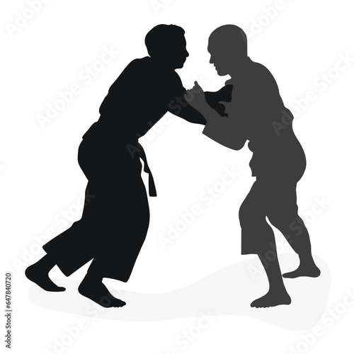 Image silhouette judoka. Judo, martial art, sportsmanship, wrestling, duel, grappling, combating, fighting, struggle