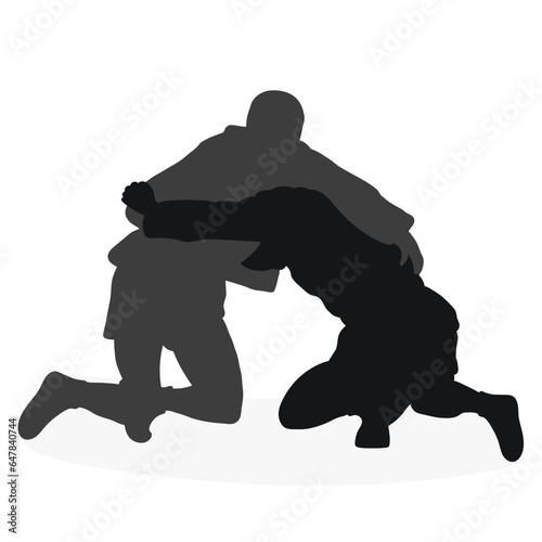 Image of silhouettes sambo athletes in sambo wrestling, combat sambo, duel, fight, fistfight, struggle, tussle, brawl, jiu jitsu. Martial art, sportsmanship photo