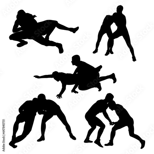 Set of silhouettes people fighting, MMA fighters. Greco Roman wrestling, fight, combating; struggle; grappling; duel, mixed martial art, sportsmanship photo