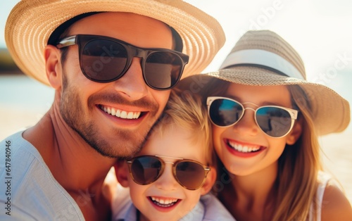 Happy and joyful young parents and kid on a beach vacation. Generative AI © piai