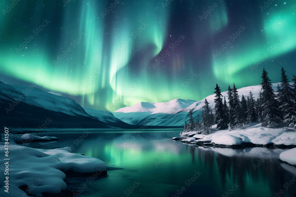 Naklejka premium Photo of a stunning aurora borealis illuminating a serene mountain lake covered in snow