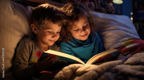 A couple of kids laying in bed reading a book. Cozy time together. Generative AI.