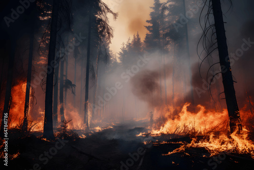 Photo of a fiery forest with tall trees engulfed in flames