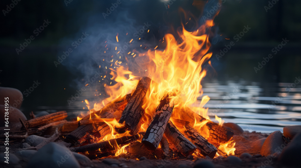 Fototapeta premium Riverside Sunset Bliss Bonfire by the River at Dusk