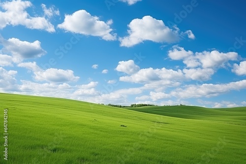 Landscape view of green grass field on slope, blue sky and clouds background.