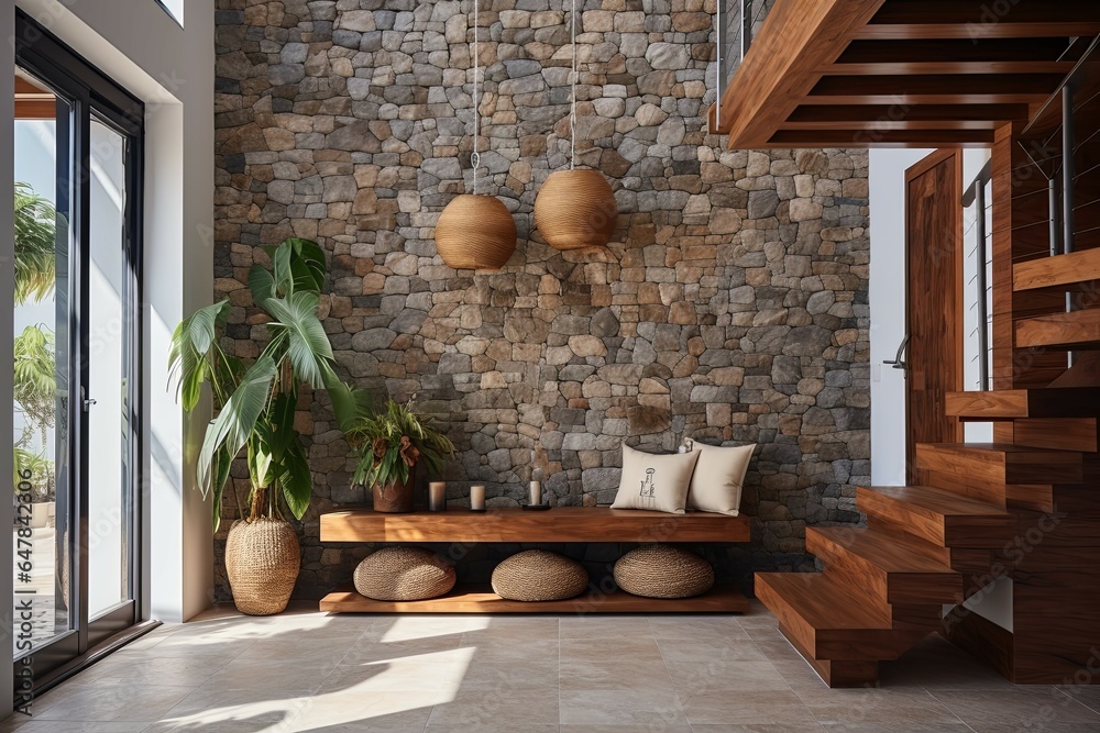 Coastal interior design of modern entrance hall with stone tiles wall ...