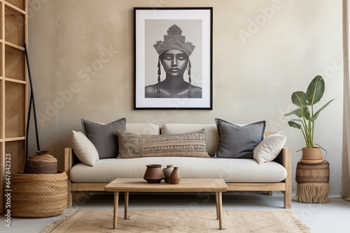 Grey sofa near beige stucco wall and big poster frame on it. Boho, rustic interior design of modern living room.