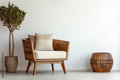 arm chair and wooden side table near white wall with