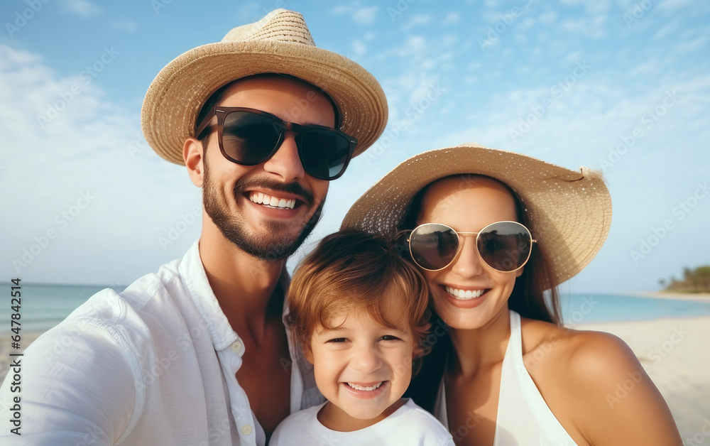 Happy and joyful young parents and kid on a beach vacation. Generative AI