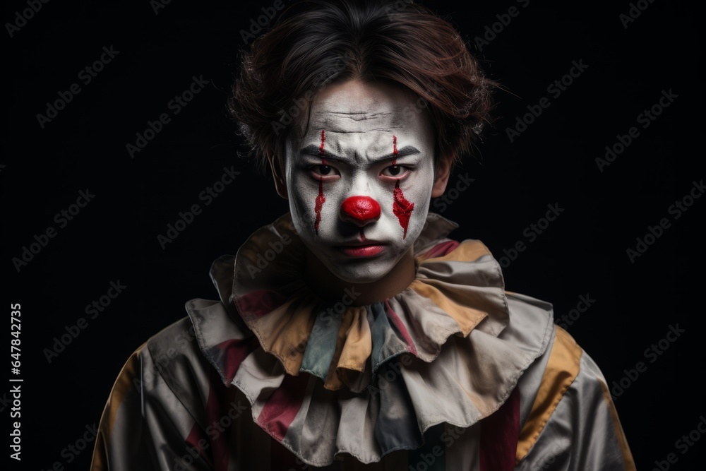 A young Asian guy with makeup and a clown costume on a black background A young Asian guy with makeup and a clown costume on a black background