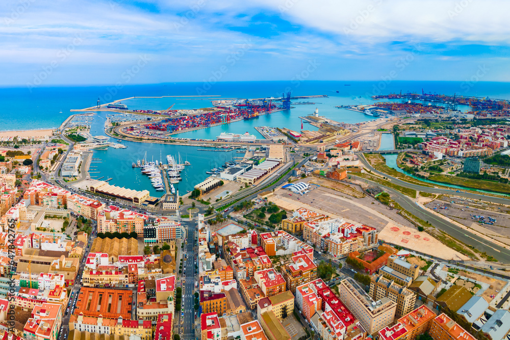 Valencia city port aerial panoramic view, Spain