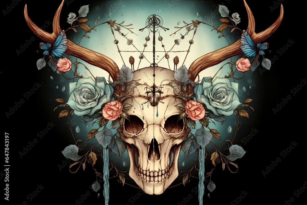 Skull of a deer adorned with dreamcatcher and butterfly. Generative AI - obrazy, fototapety, plakaty 