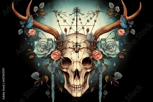 Skull of a deer adorned with dreamcatcher and butterfly. Generative AI